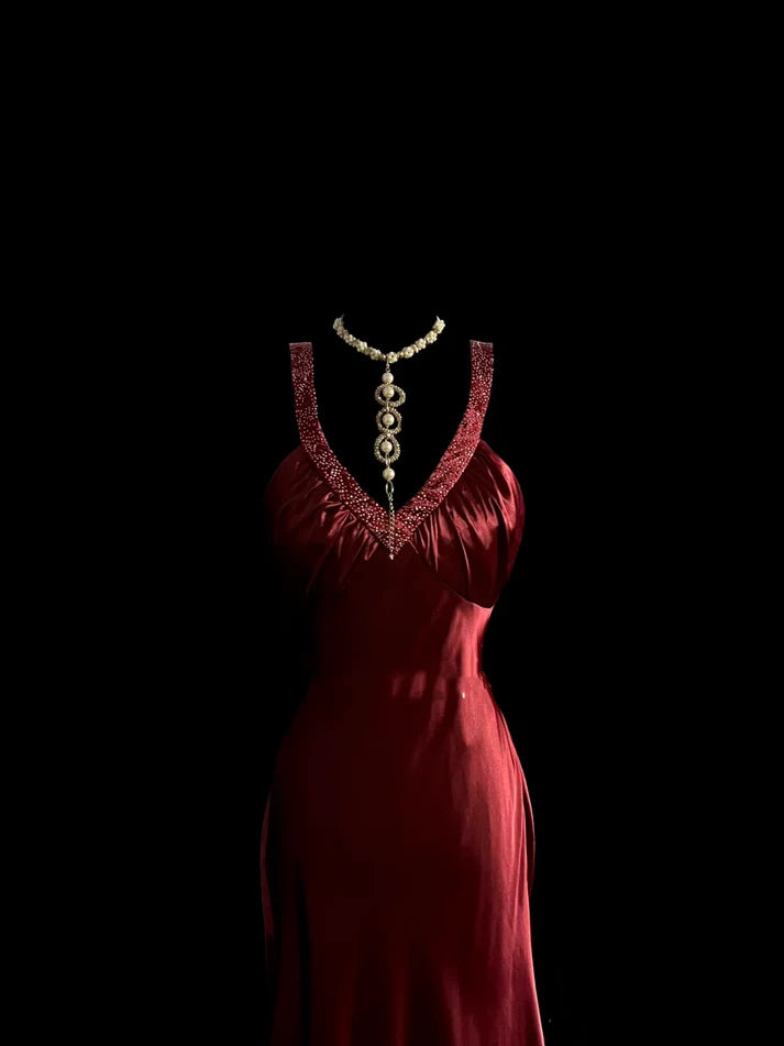 Elegant Mermaid V Neck Beaded Satin Burgundy Long Prom Dress Evening Dress