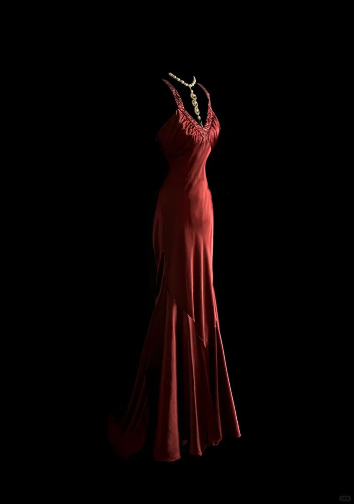 Elegant Mermaid V Neck Beaded Satin Burgundy Long Prom Dress Evening Dress
