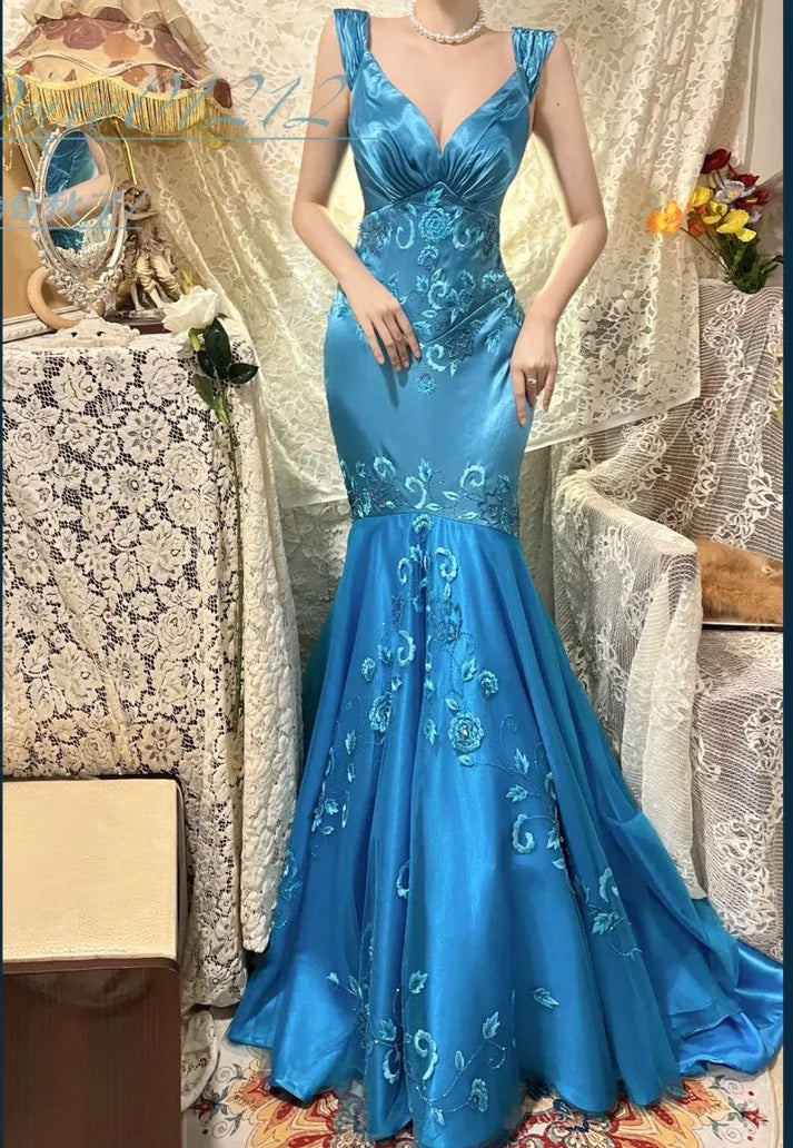 Elegant Mermaid V Neck Floral Beaded Satin Blue Long Party Dress