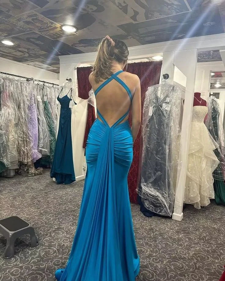 Elegant Mermaid V Neck Open Back Satin Blue Long Prom Dress For Women