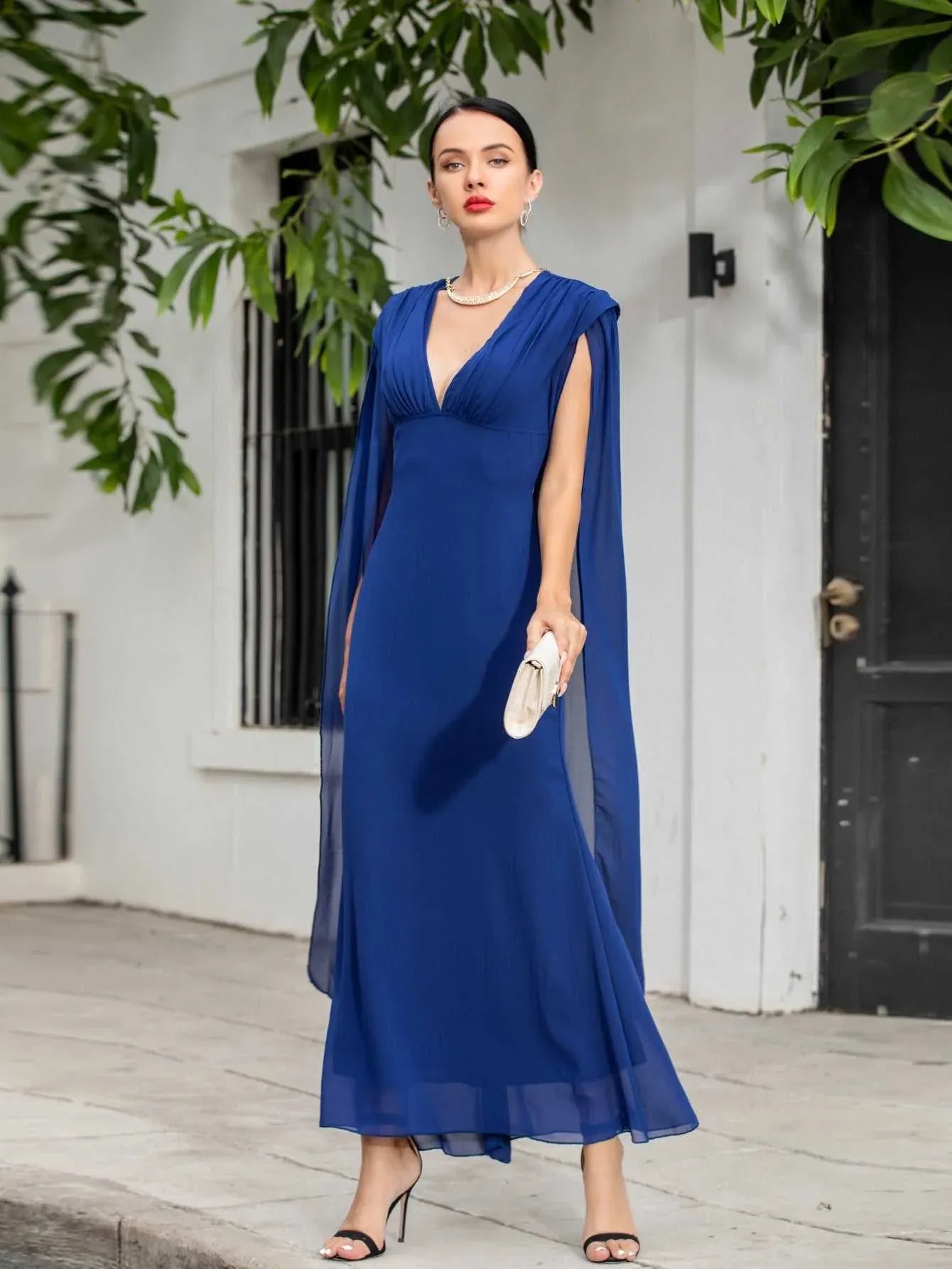 Elegant Mermaid V Neck Shawl Sleeves Ruched Blue Floor-Length Prom Dress