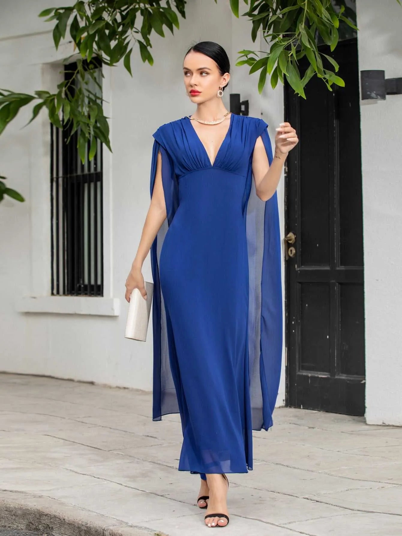 Elegant Mermaid V Neck Shawl Sleeves Ruched Blue Floor-Length Prom Dress