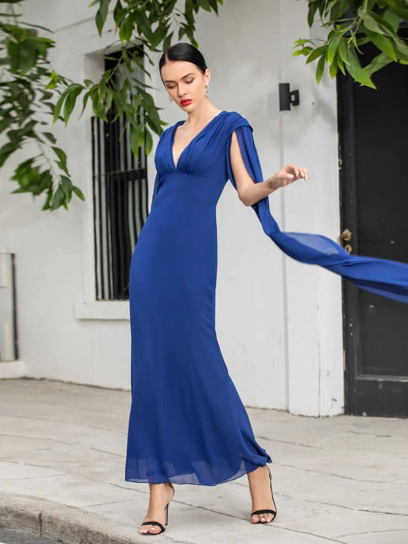 Elegant Mermaid V Neck Shawl Sleeves Ruched Blue Floor-Length Prom Dress