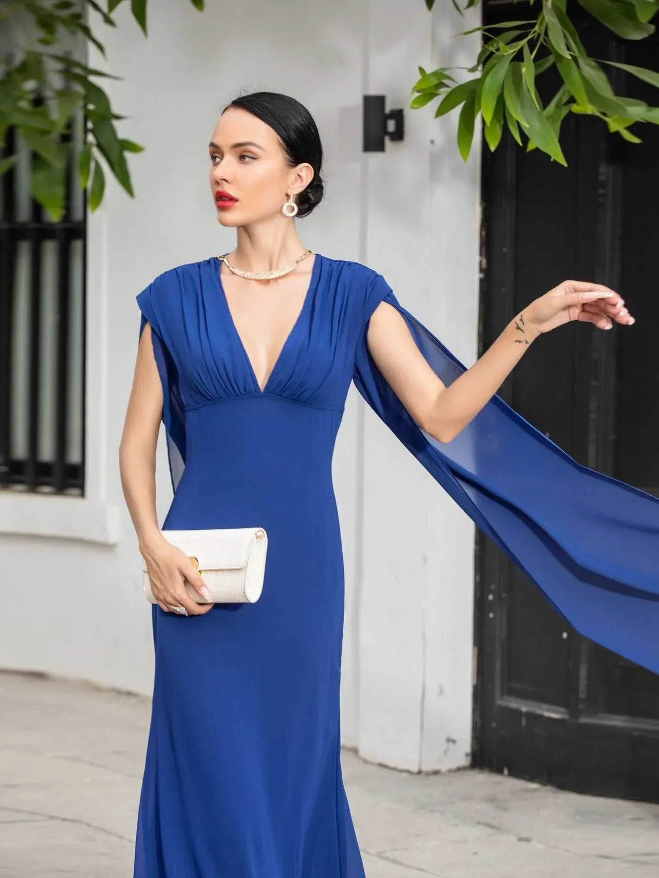Elegant Mermaid V Neck Shawl Sleeves Ruched Blue Floor-Length Prom Dress
