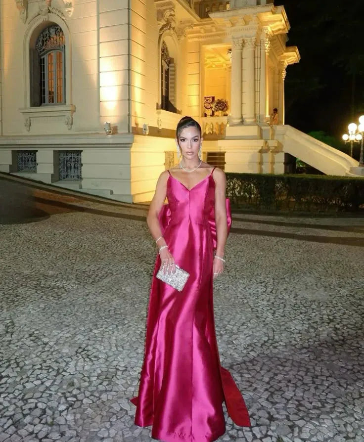 Elegant Mermaid V Neck Spaghetti Strap Bow Satin Fuchsia Floor Length Prom Dress