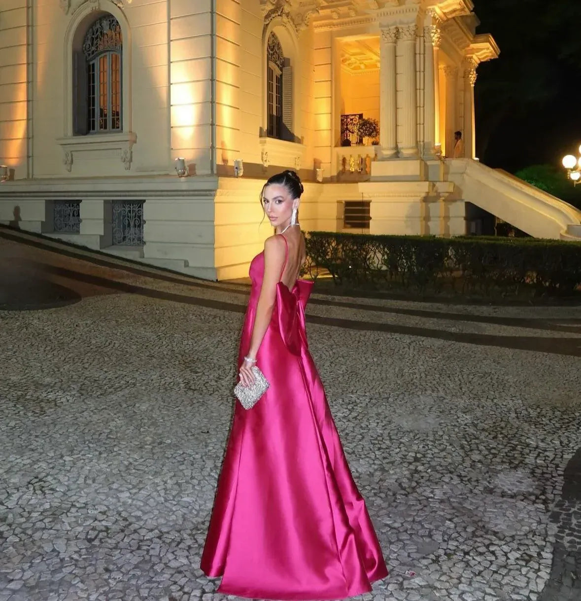 Elegant Mermaid V Neck Spaghetti Strap Bow Satin Fuchsia Floor Length Prom Dress