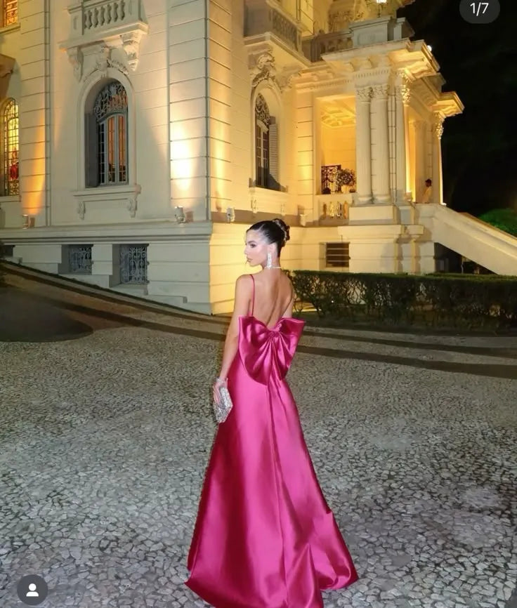 Elegant Mermaid V Neck Spaghetti Strap Bow Satin Fuchsia Floor Length Prom Dress