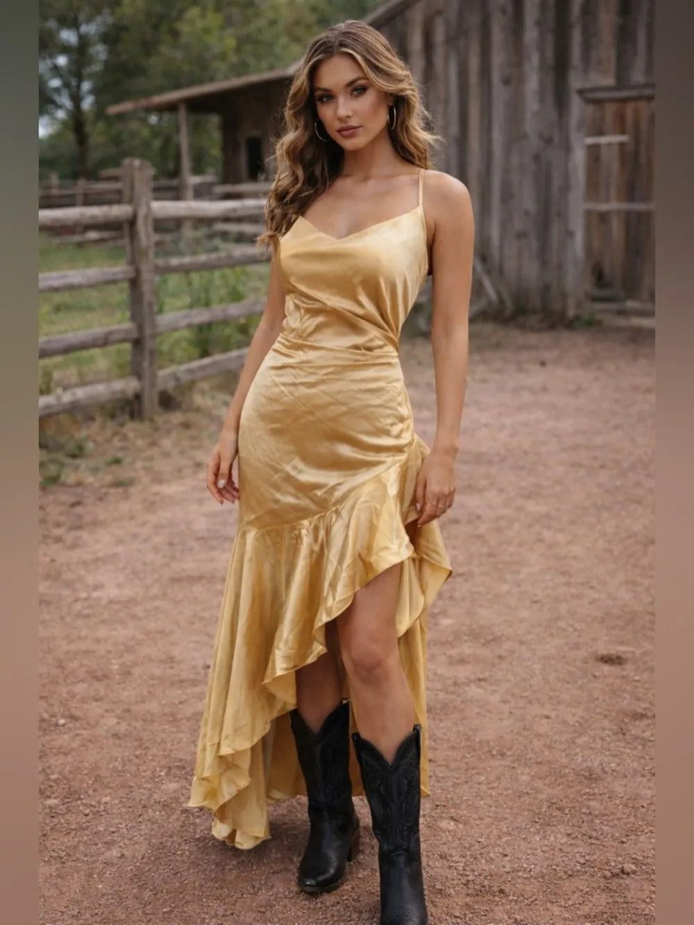 Elegant Mermaid V Neck Spaghetti Strap Ruffled Satin Gold High-Low Prom Dress