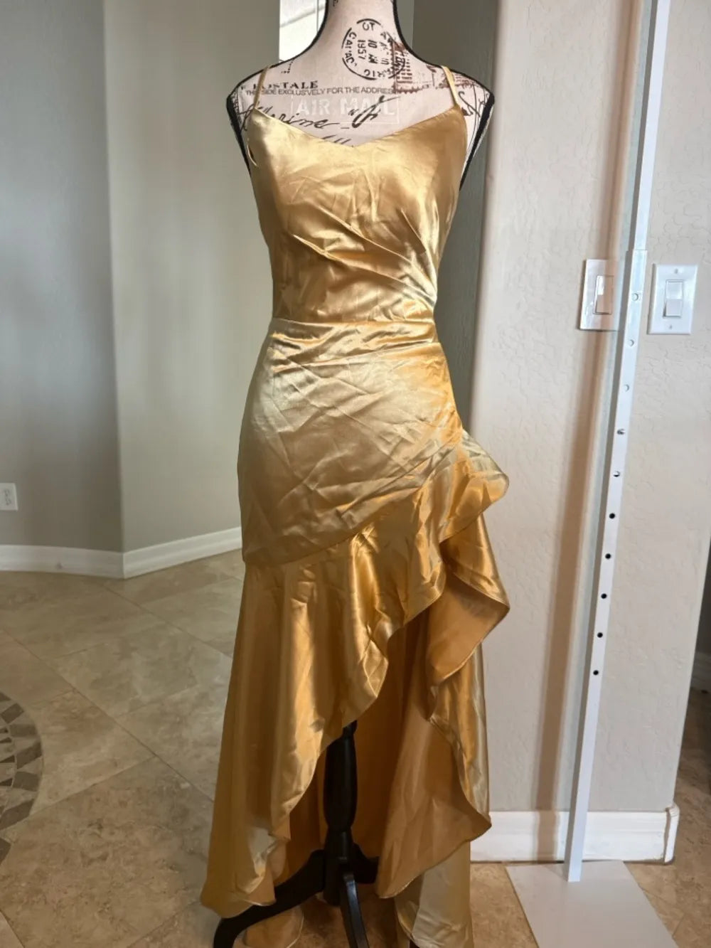 Elegant Mermaid V Neck Spaghetti Strap Ruffled Satin Gold High-Low Prom Dress