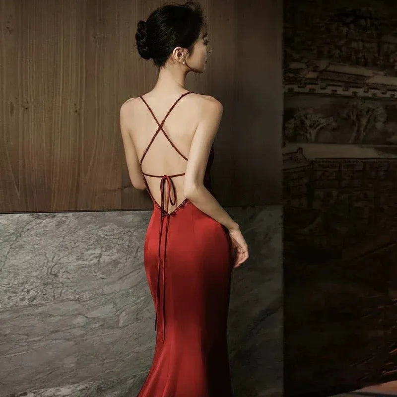 Elegant Midi Sleeveless Backless Red Prom Dress For Women Ready To Ship