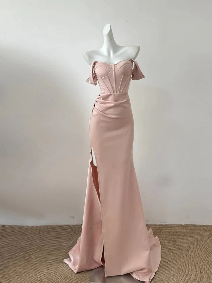 Elegant Off-the-Shoulder Corset Slit Satin Pink Floor Length Party Dress