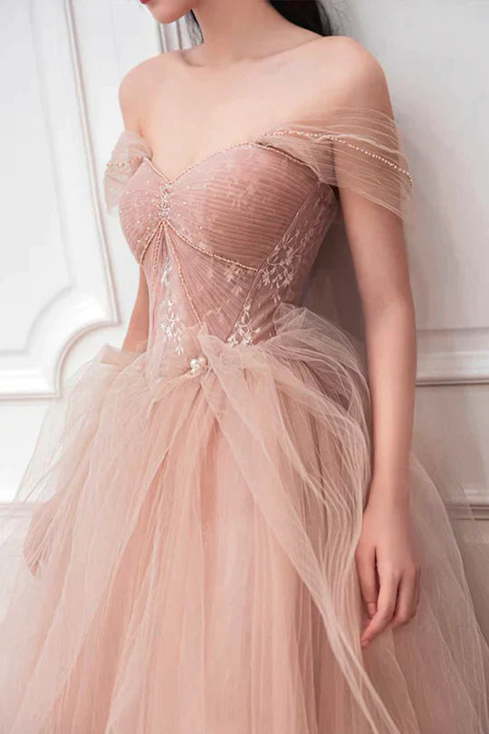 Elegant Off-the-Shoulder Pleated Beaded Floral Lace Tulle Pink Prom Dress