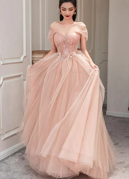 Elegant Off-the-Shoulder Pleated Beaded Floral Lace Tulle Pink Prom Dress