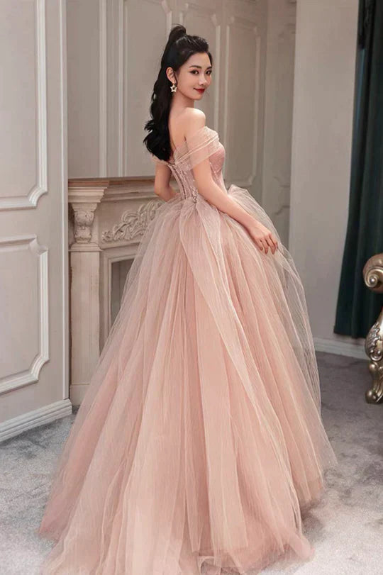 Elegant Off-the-Shoulder Pleated Beaded Floral Lace Tulle Pink Prom Dress