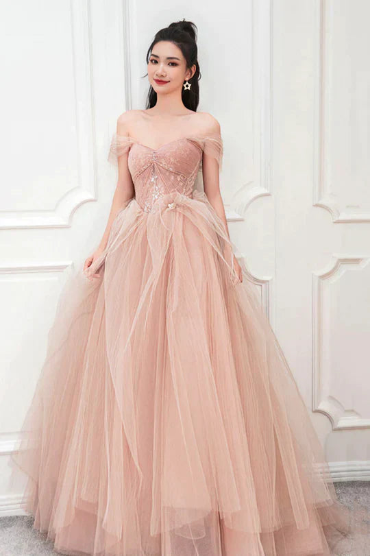 Elegant Off-the-Shoulder Pleated Beaded Floral Lace Tulle Pink Prom Dress