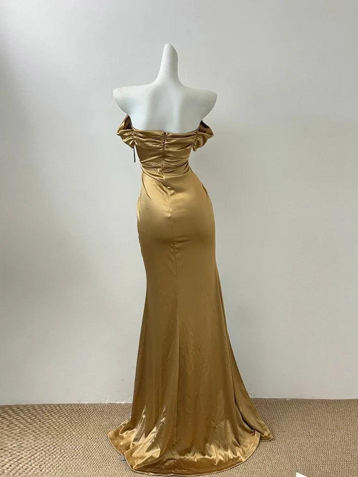 Elegant Off-the-Shoulder Satin Gold Long Prom Dress Party Dress