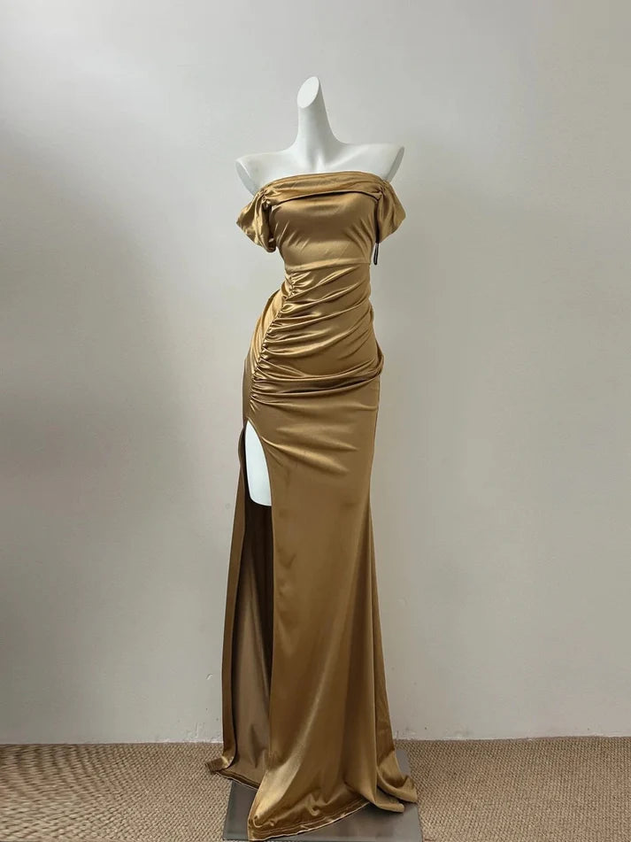 Elegant Off-the-Shoulder Satin Gold Long Prom Dress Party Dress