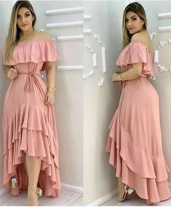 Elegant Off-the-Shoulder Tiered Pink High Low Evening Dress Prom Dress