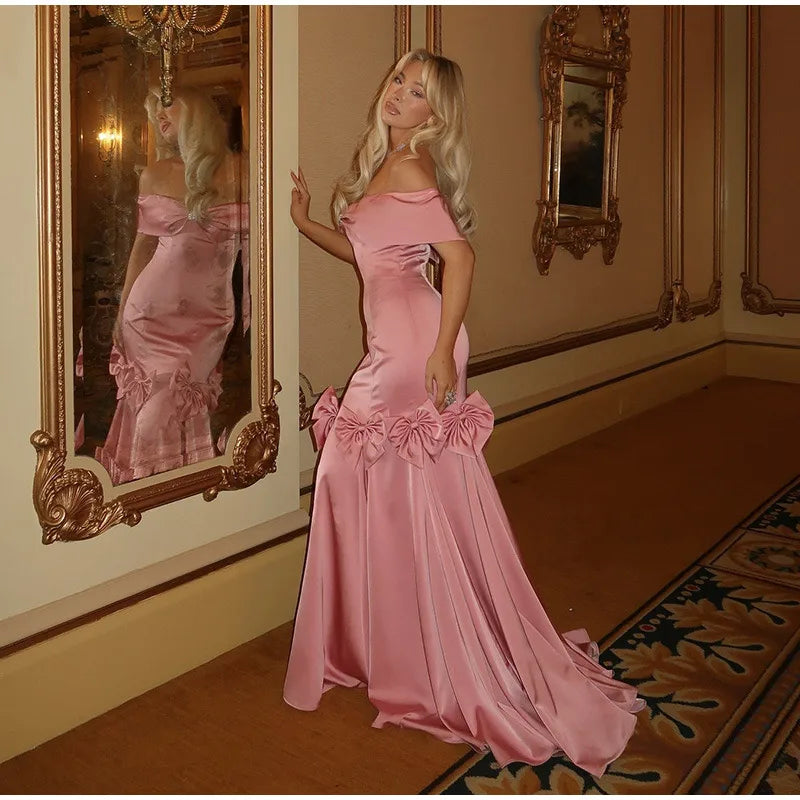 Elegant Off Shoulder Bow Pleated Pink Maxi Prom Dress For Women