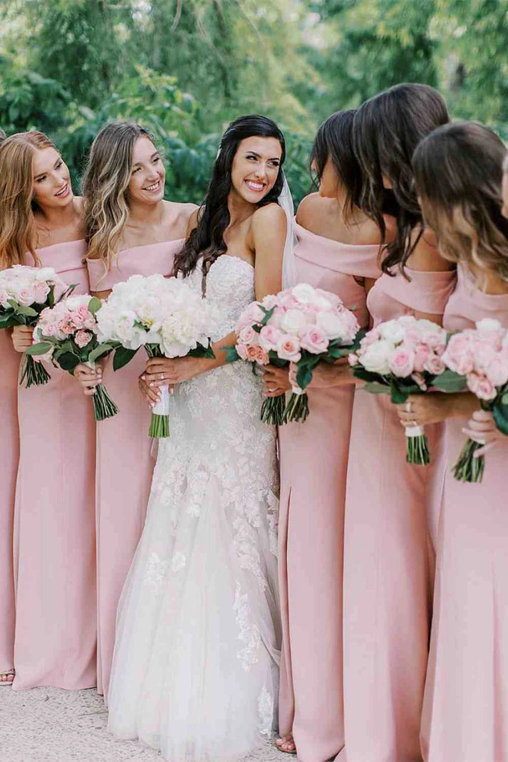 Elegant Off The Shoulder Light Pink Floor Length Bridesmaid Dress With Slit