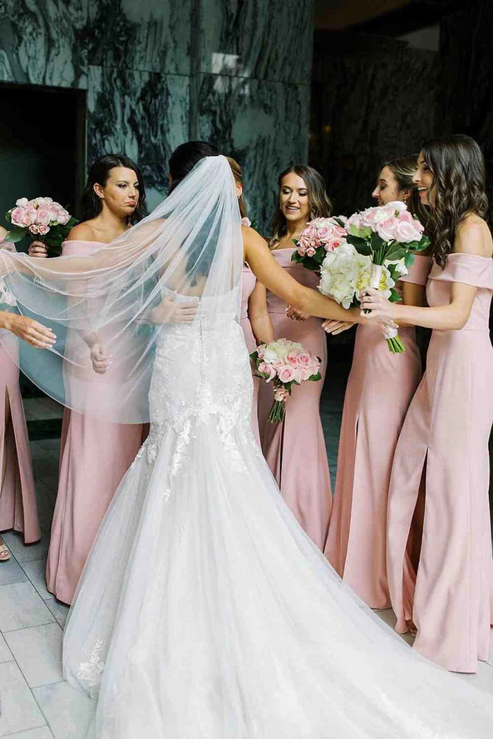 Elegant Off The Shoulder Light Pink Floor Length Bridesmaid Dress With Slit