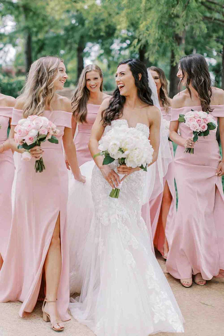 Elegant Off The Shoulder Light Pink Floor Length Bridesmaid Dress With Slit
