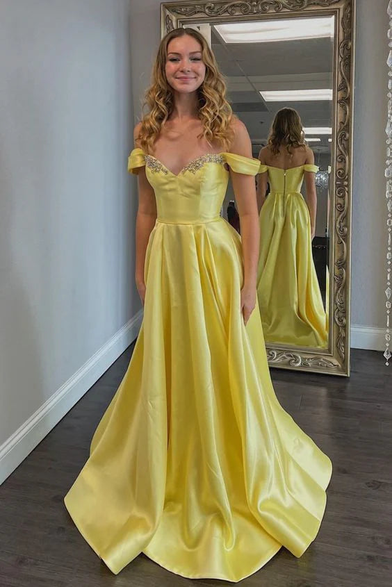 Elegant Off The Shoulder Satin Yellow Long Formal Prom Dress With Beaded