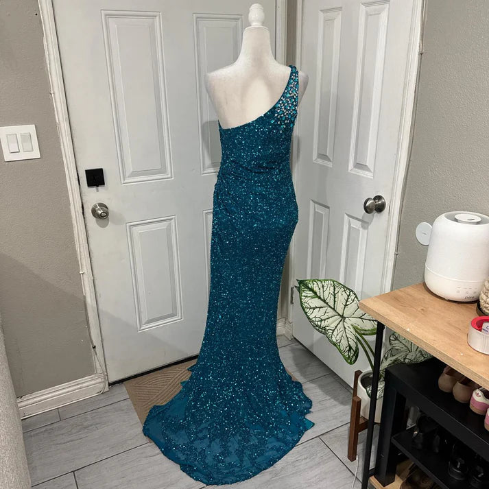 Vivid One Shoulder Beaded Evening Dress Sequin Peacock Long Party Dress