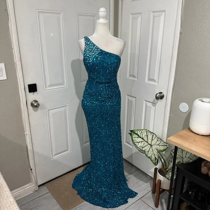 Vivid One Shoulder Beaded Evening Dress Sequin Peacock Long Party Dress