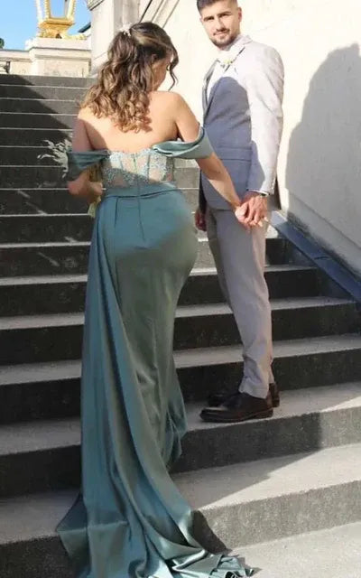 Elegant Satin-Lace Long Evening Dress Sage Off-Shoulder Sleeveless Party Gown for Women