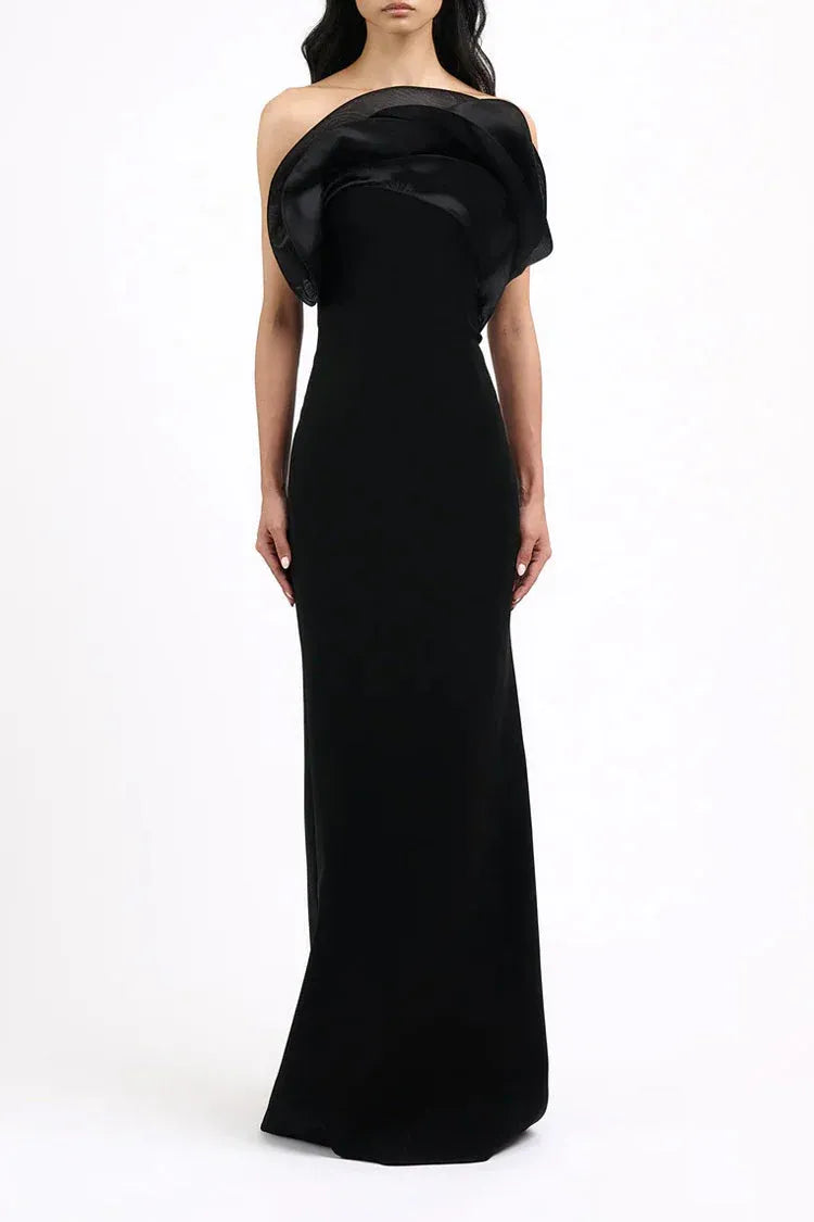 Elegant Satin Floor-Length Evening Dress Black One-Shoulder Ruffled for Women