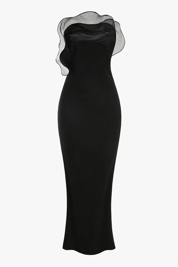 Elegant Satin Floor-Length Evening Dress Black One-Shoulder Ruffled for Women