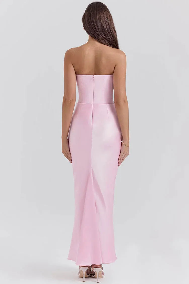 Elegant Satin Floor-Length Evening Dress Blush Strapless Sleeveless for Women