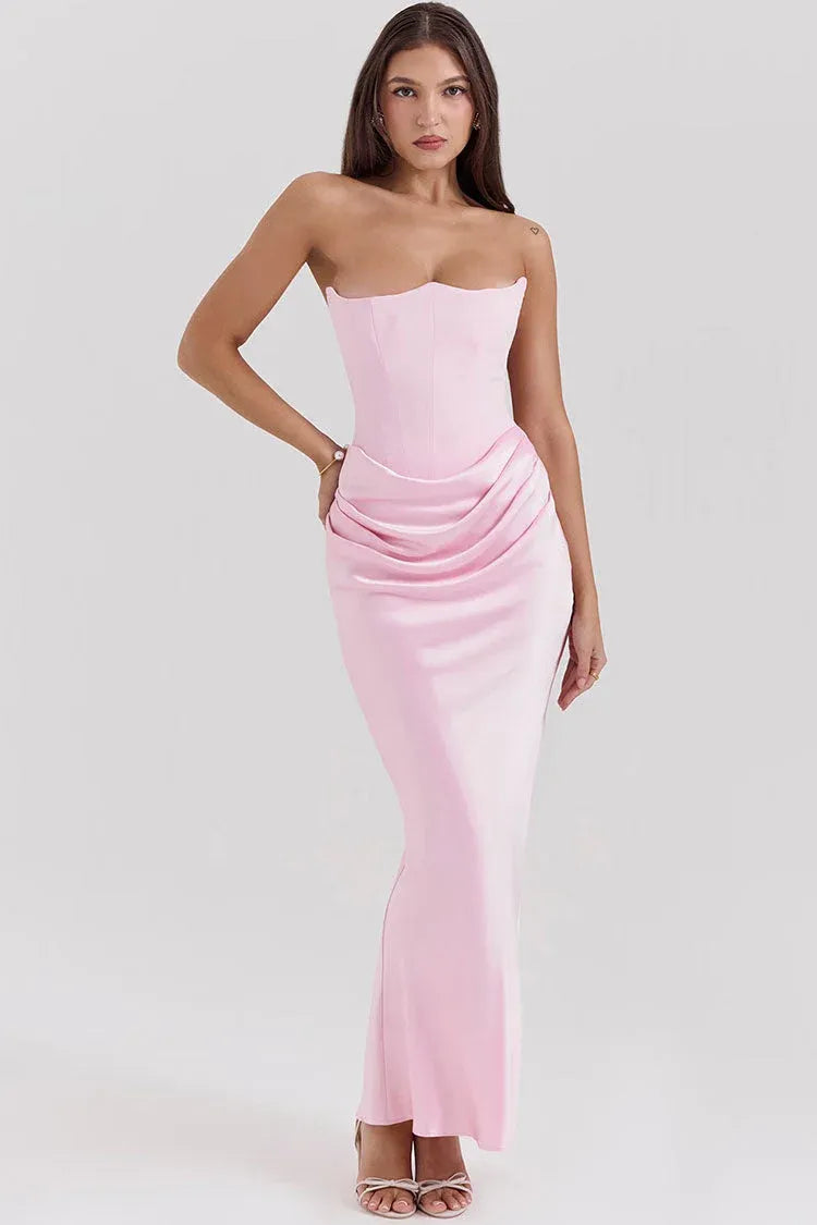 Elegant Satin Floor-Length Evening Dress Blush Strapless Sleeveless for Women