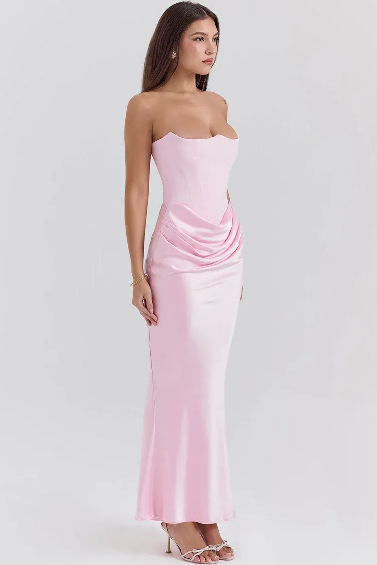 Elegant Satin Floor-Length Evening Dress Blush Strapless Sleeveless for Women