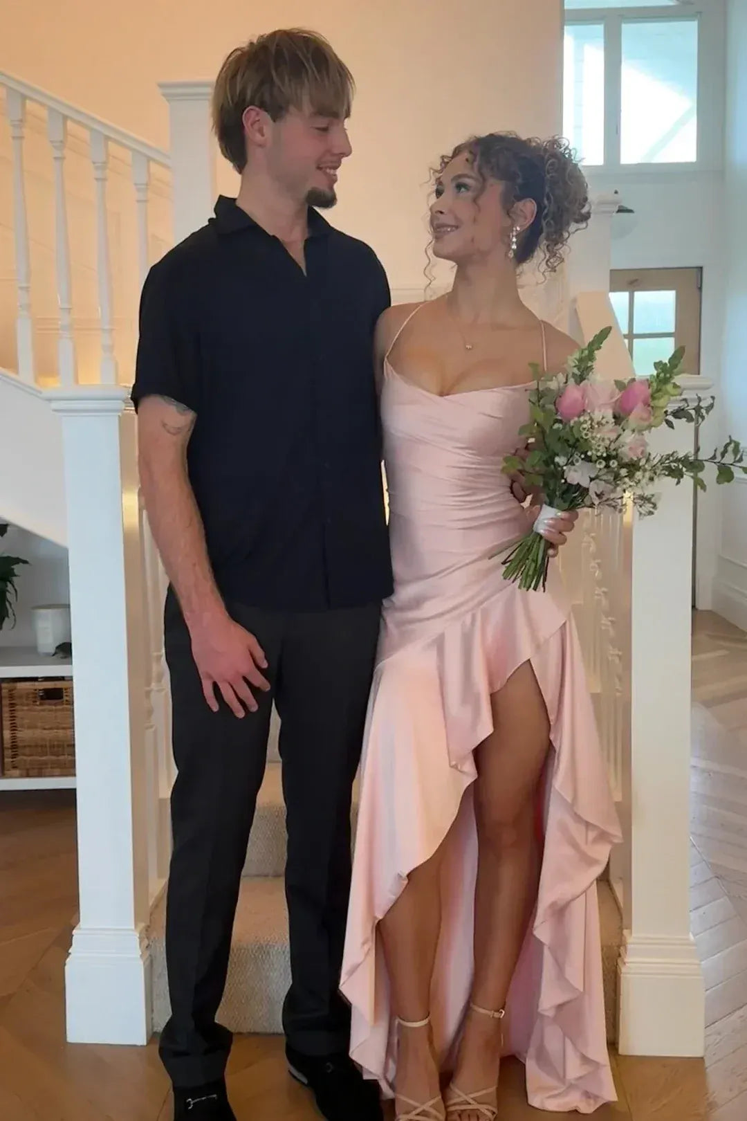 Elegant Satin Long Evening Dress Blush Spaghetti-Strap Ruffled Party Gown for Women