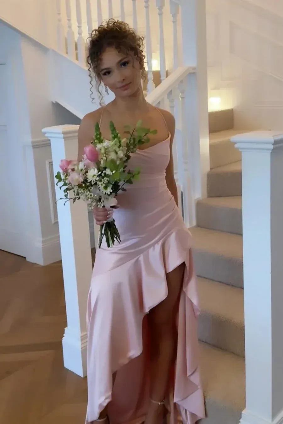 Elegant Satin Long Evening Dress Blush Spaghetti-Strap Ruffled Party Gown for Women