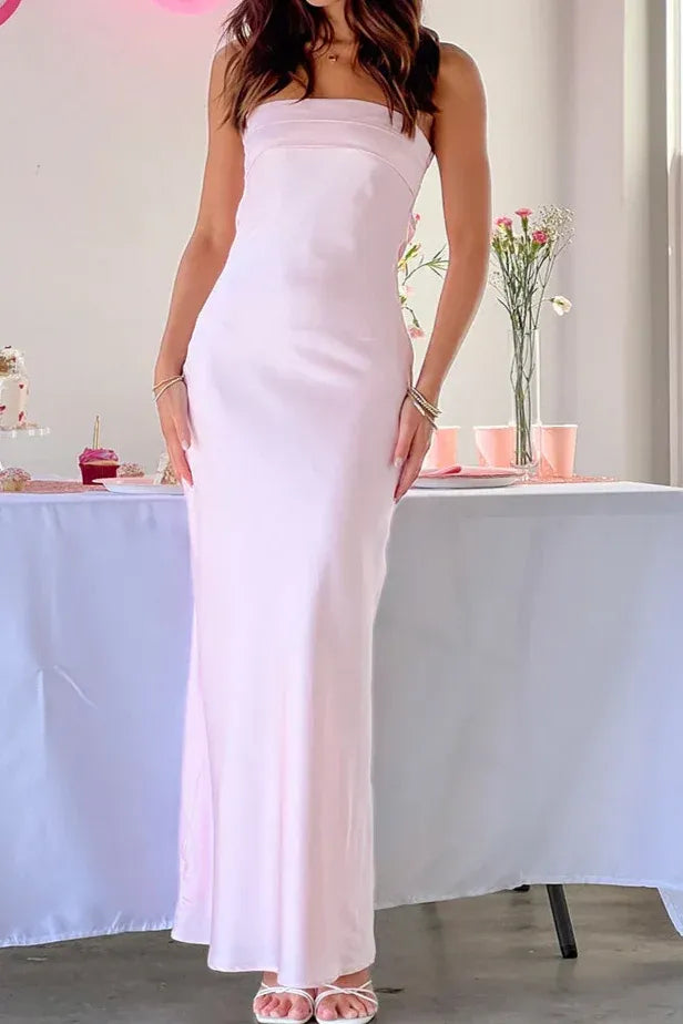 Elegant Satin Long Evening Dress Blush Strapless Cutout Party Gown for Women