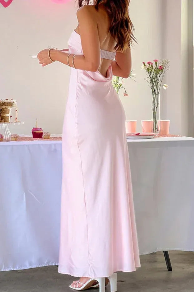 Elegant Satin Long Evening Dress Blush Strapless Cutout Party Gown for Women