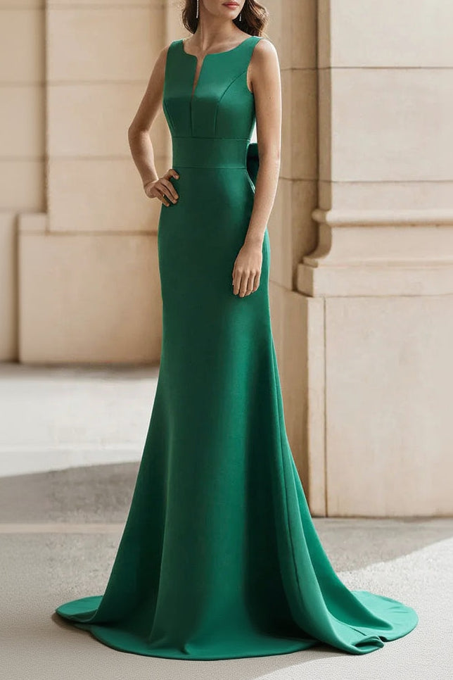 Elegant Satin Long Evening Dress Emerald Green Scoop-Neck Bow-Accent for Women