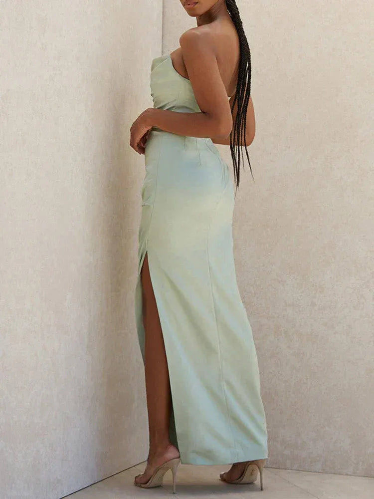 Elegant Satin Long Evening Dress Mint Green Strapless Ruched for Women