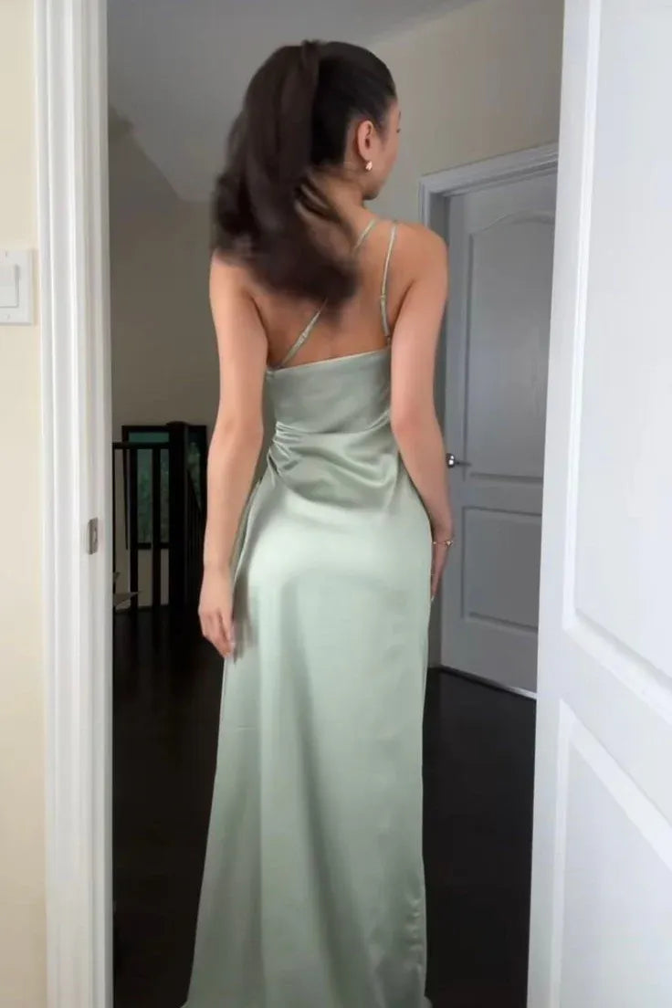 Elegant Satin Long Evening Dress Mint Halter Sleeveless Party Gown for Women