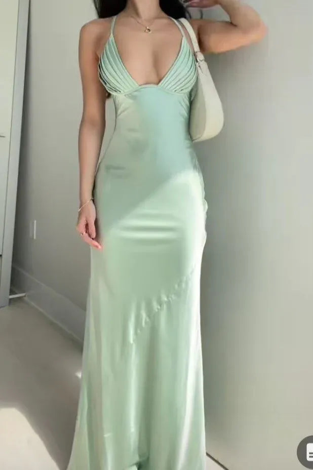 Elegant Satin Long Evening Dress Mint Halter Sleeveless Party Gown for Women