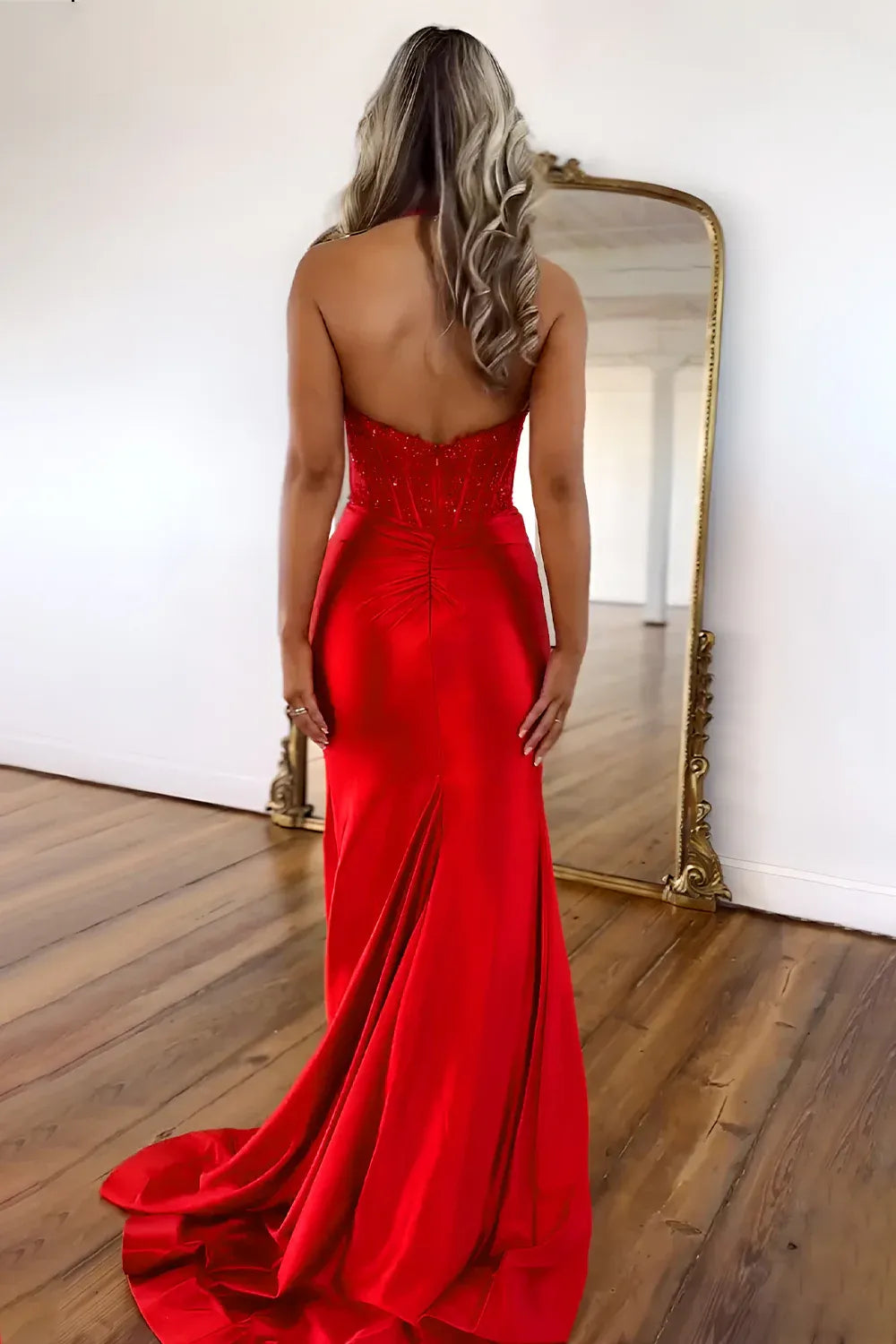 Elegant Satin Long Evening Dress Red Halter Sleeveless Party Gown for Women