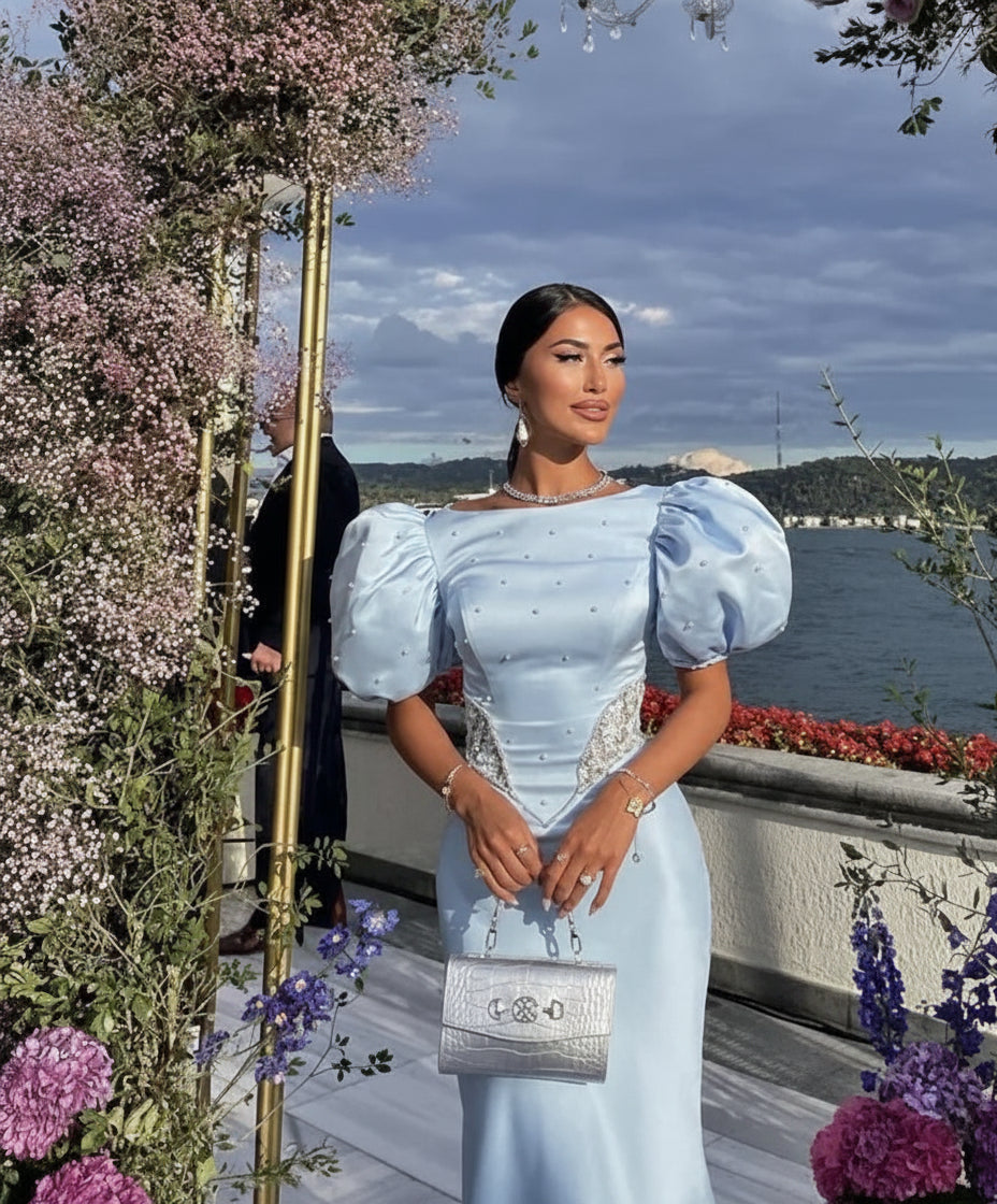 Elegant Satin Long Evening Dress Sky-Blue Boat-Neck Puff-Sleeve Party Gown for Women