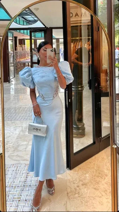 Elegant Satin Long Evening Dress Sky-Blue Boat-Neck Puff-Sleeve Party Gown for Women