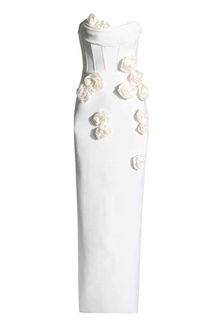 Elegant Satin Long Evening Dress White Strapless Sleeveless for Women