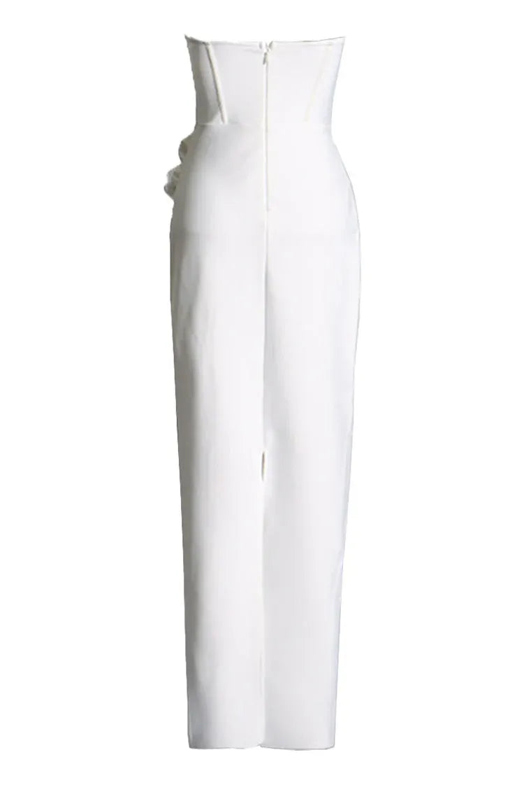 Elegant Satin Long Evening Dress White Strapless Sleeveless for Women