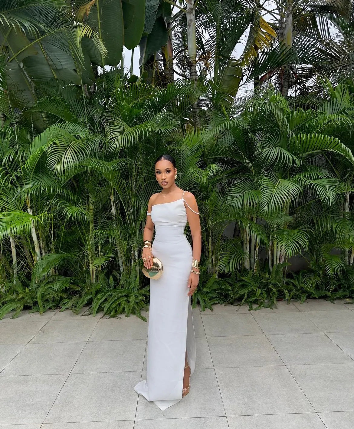 Elegant Satin Maxi Evening Dress White Square Neck Asymmetrical Sleeves for Women