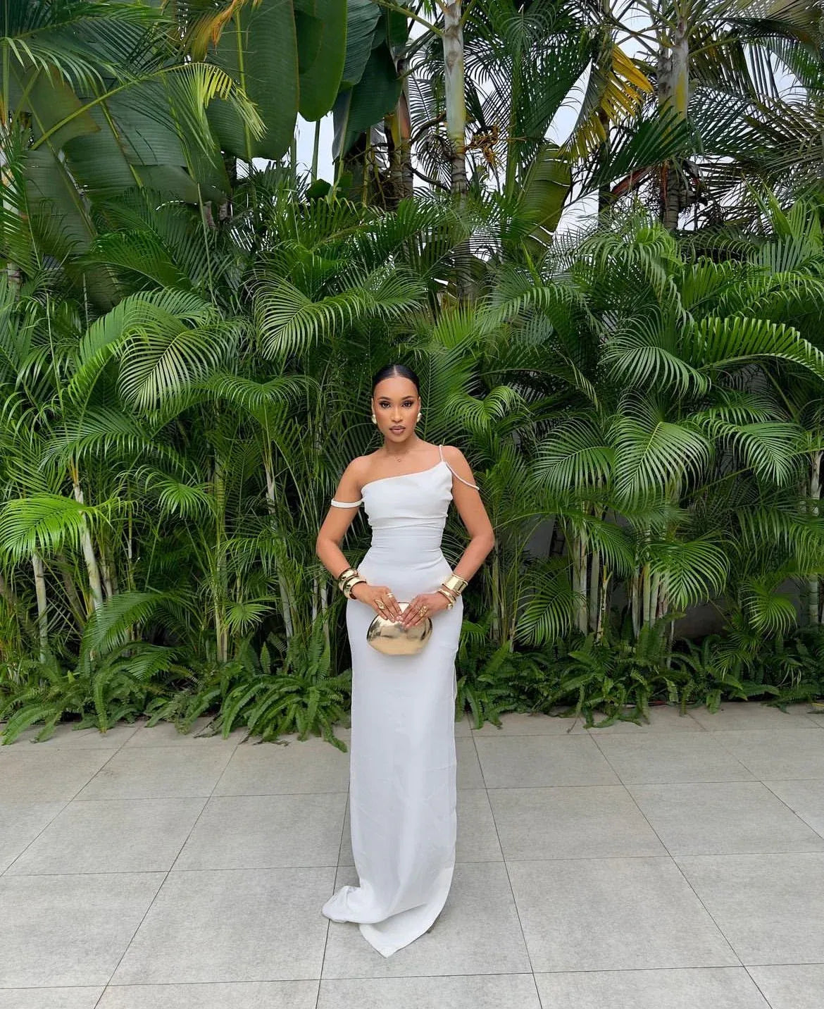 Elegant Satin Maxi Evening Dress White Square Neck Asymmetrical Sleeves for Women
